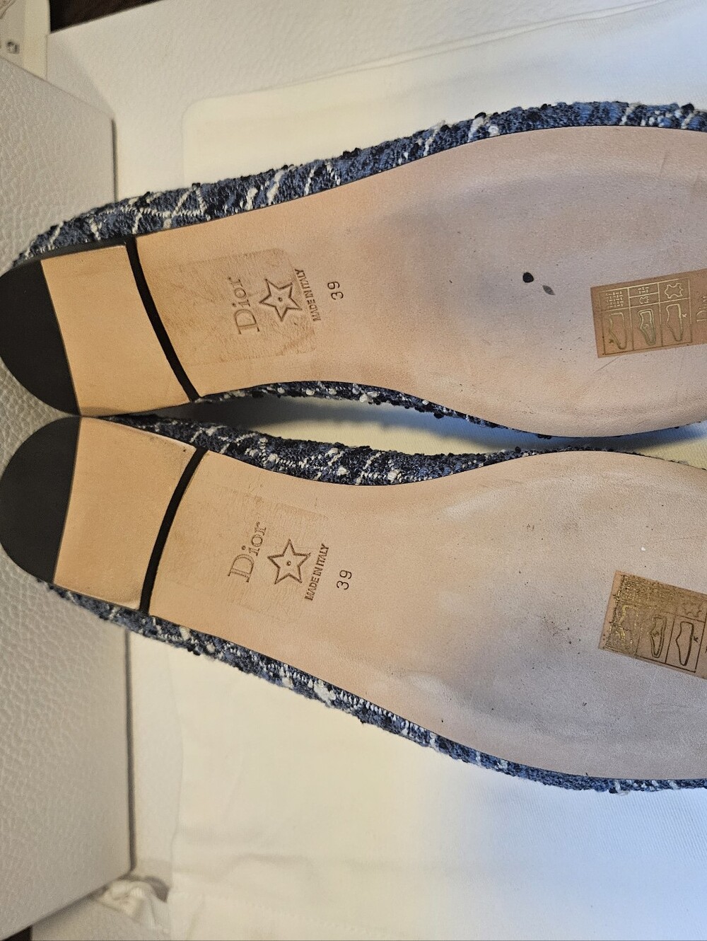 DIOR Blue Denim and White Cannage Tweed Pearl Bow Ballet Size 39 - Picture 7 of 8